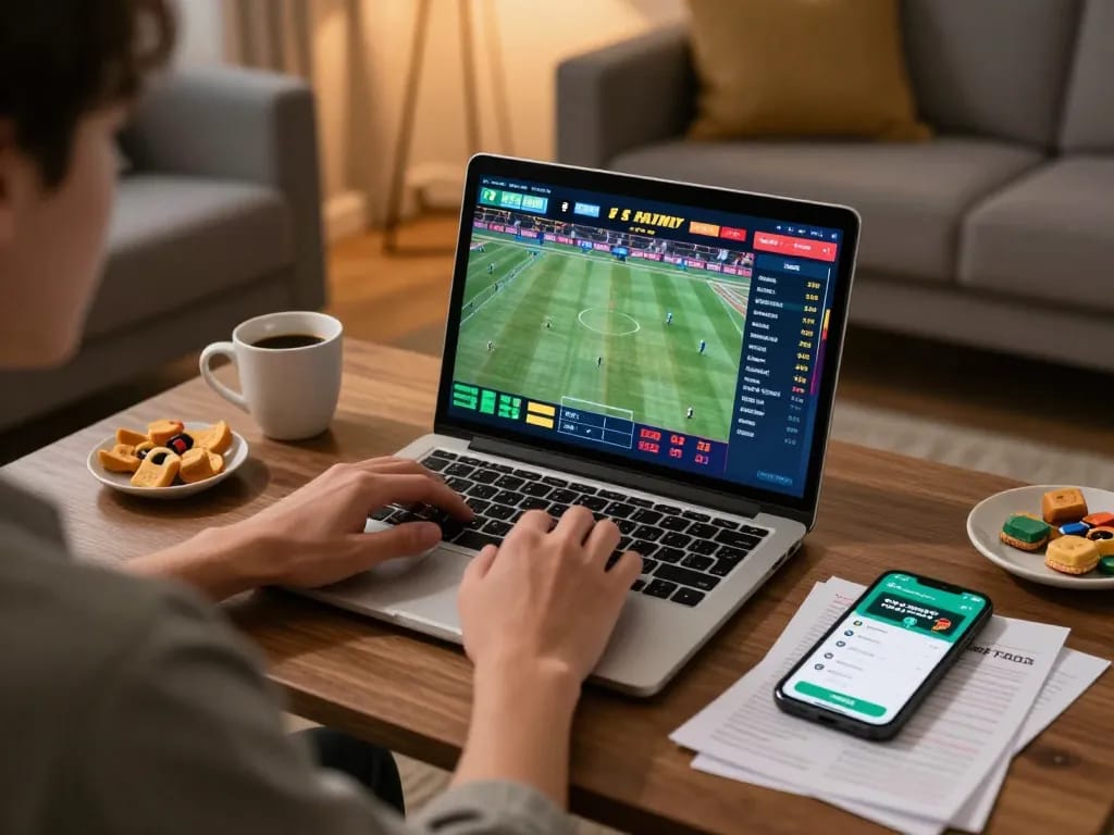 Person engaging with online sports betting on MMOO using a laptop and mobile app in a cozy setting.