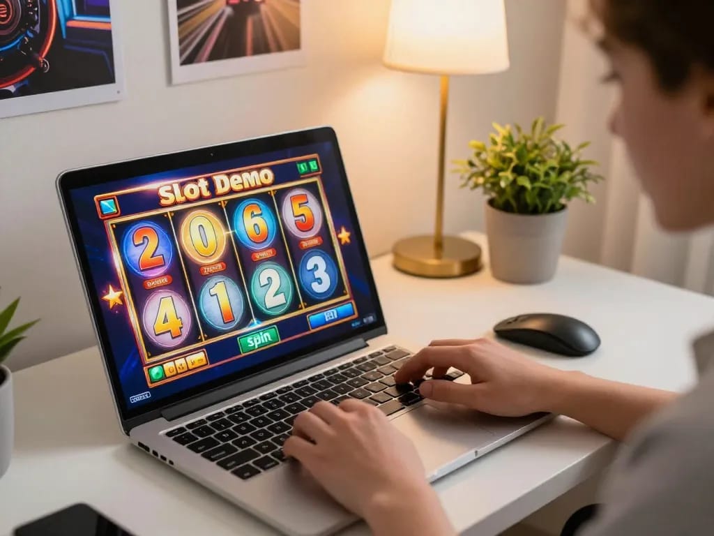 Player engaging with a Slot Demo on a laptop while preparing to spin the reels in an inviting home setting.