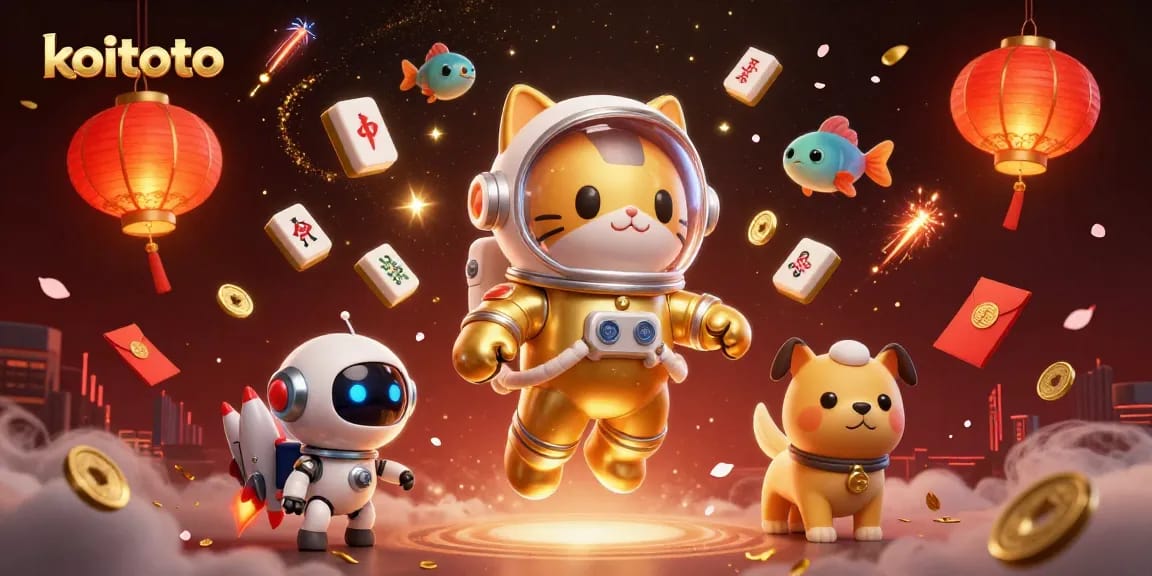 View koitoto's exciting gaming adventure with a cartoon astronaut cat and robot dog in a vibrant cosmic scene.
