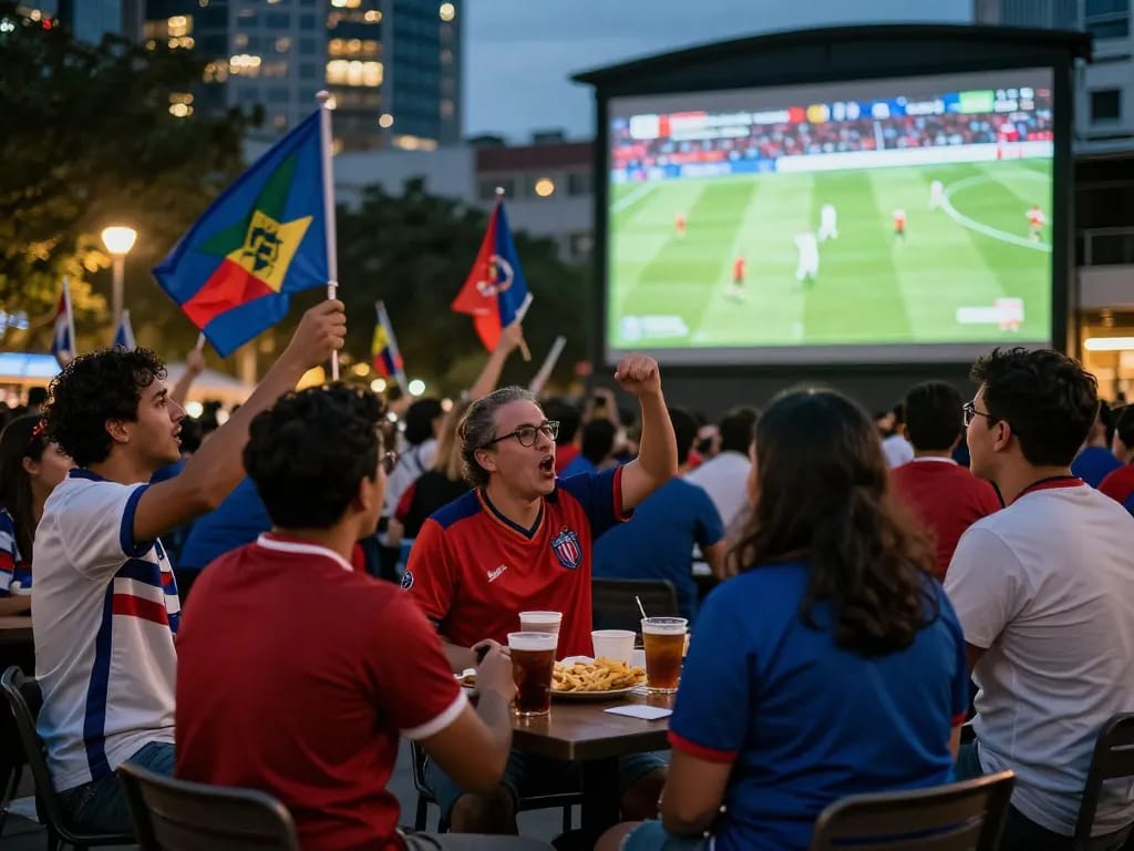 Football fans celebrating live match on https://cakhiatvcc.tv/ outdoor screen with excitement.