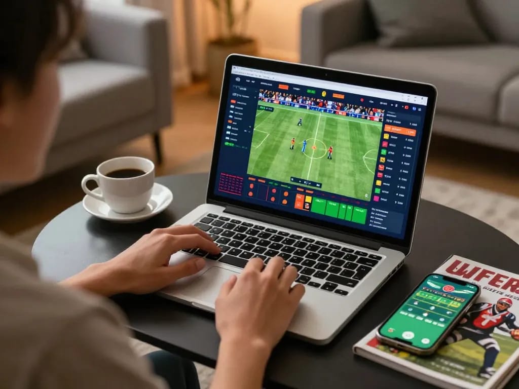 Engaging online sports betting scene with bgd33 interface on laptop and smartphone.