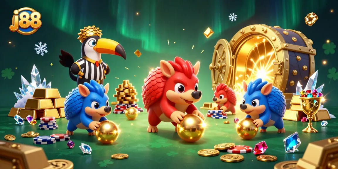 Experience thrilling j88 casino action with rival pangolins in armor amid sparkling treasure.