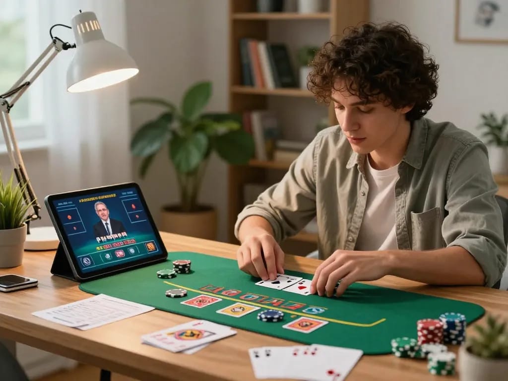 FC88 player enjoying live dealer blackjack in cozy home office, showcasing keen focus and strategy.