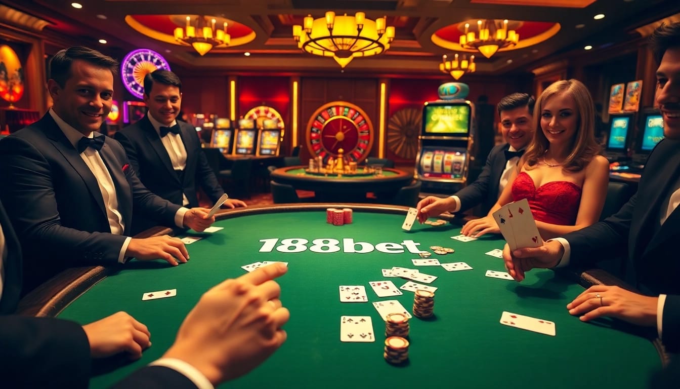 Exciting poker game at 188bet showcasing players with chips and cards.
