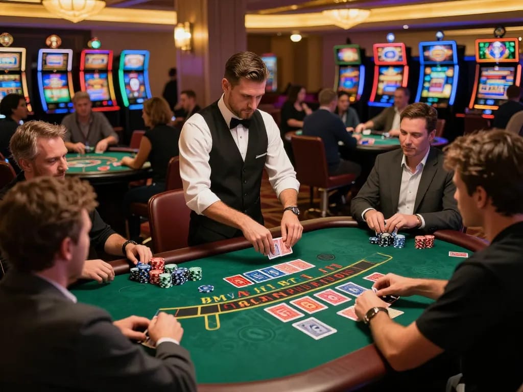 Players at the blackjack table in a lively casino, engaging in strategic gameplay at 3BET.