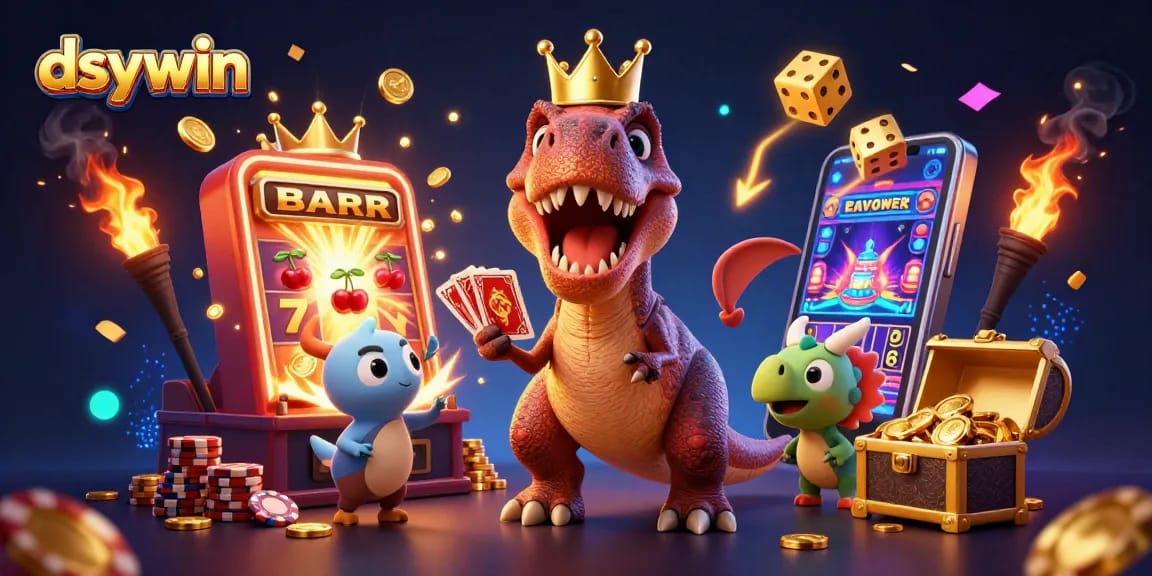 Enjoy dsywin's exciting free credit casino adventure with playful T-Rex and friends at the baccarat table.