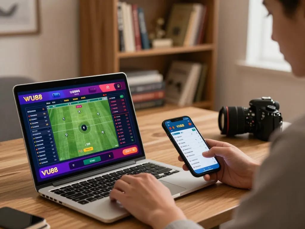 Engaging in VU88 live sports betting with a laptop, showcasing dynamic betting options and strategy.