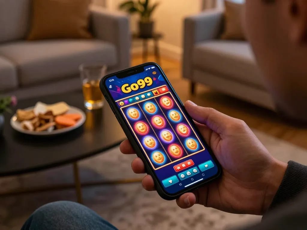 Player enjoying Go99 mobile gaming experience with vibrant slot machine graphics