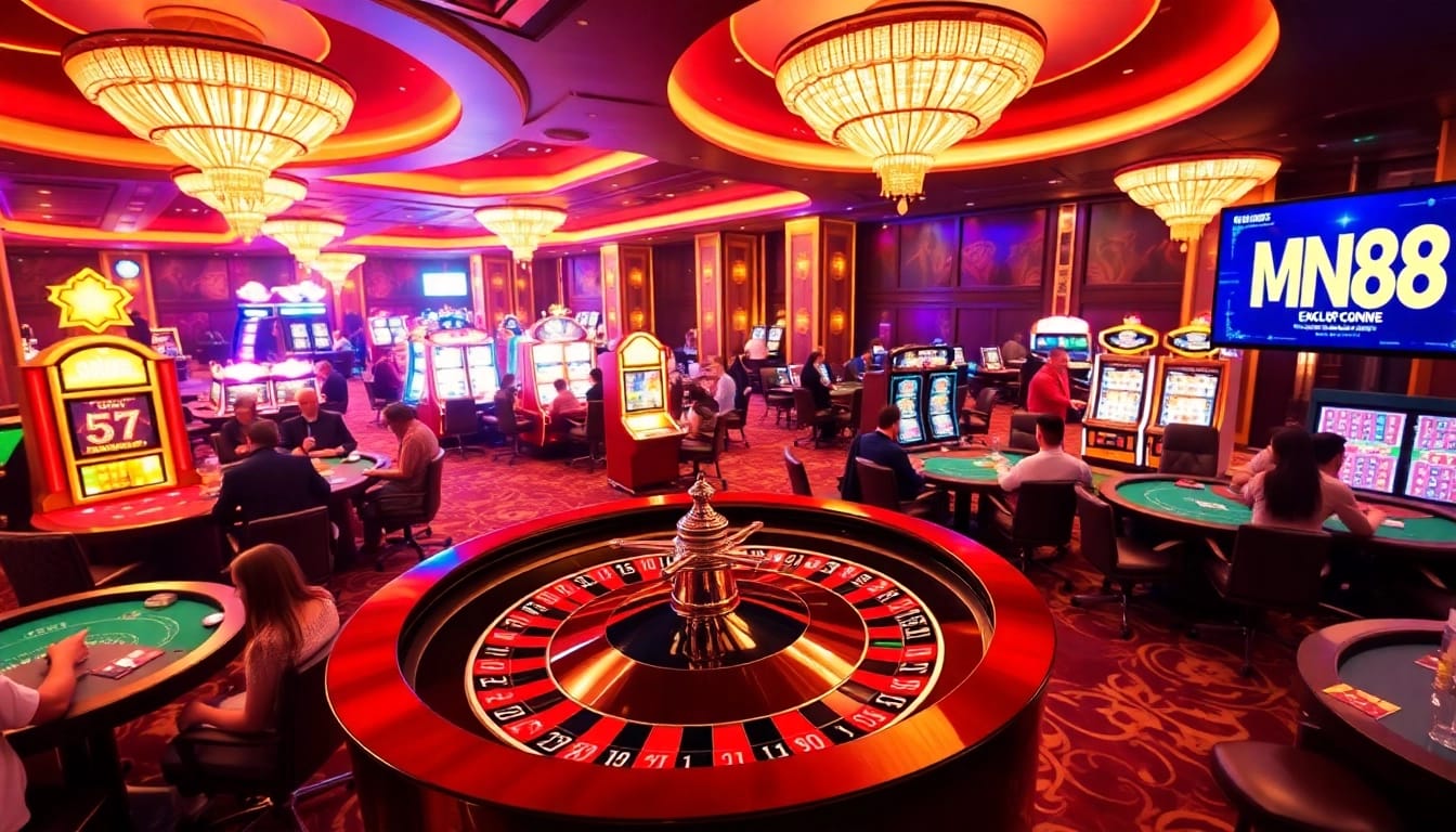 Excited gamblers engaging in games at MN88's luxurious casino interior.