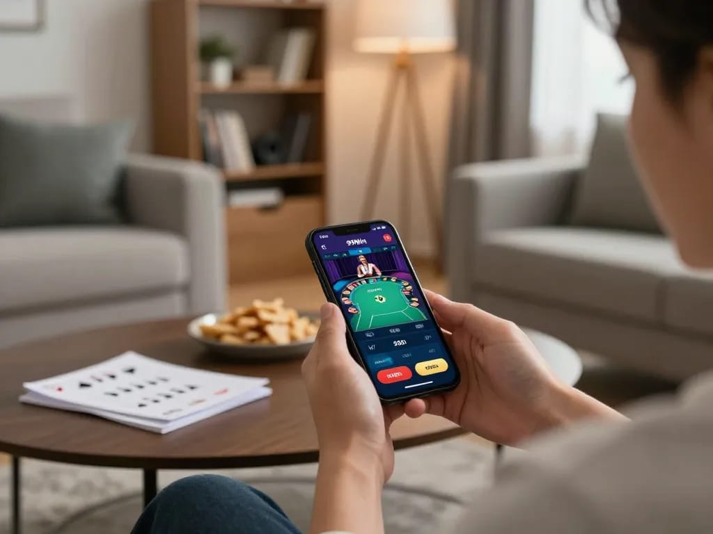 Engaged user playing 99Win on a smartphone in a cozy living room setting, emphasizing responsible gambling.