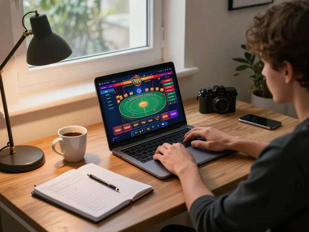 Engaged player enjoying online gaming at https://mk8th.net/, showcasing a vibrant casino interface and cozy home environment.