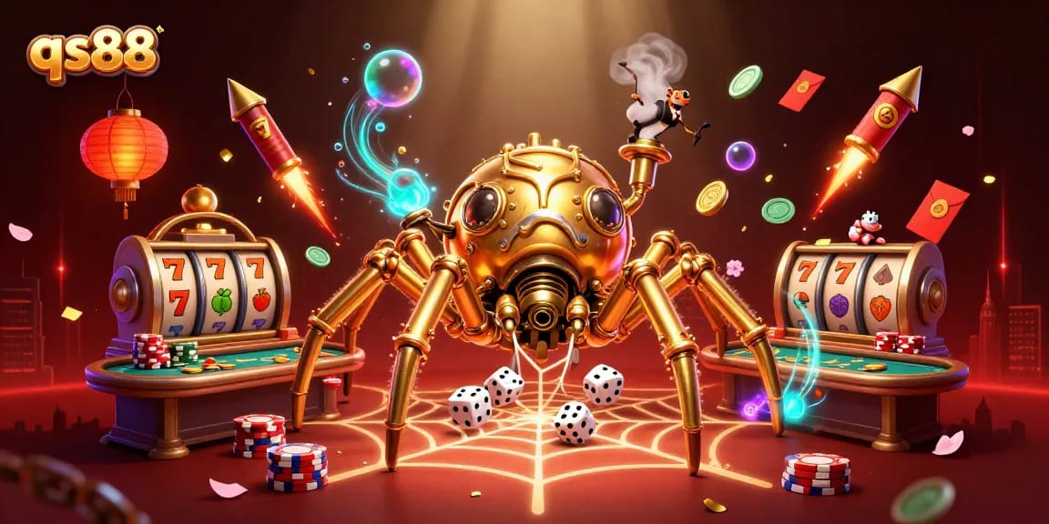 Engage with qs88's thrilling casino action featuring a golden spider and lively poker tables.