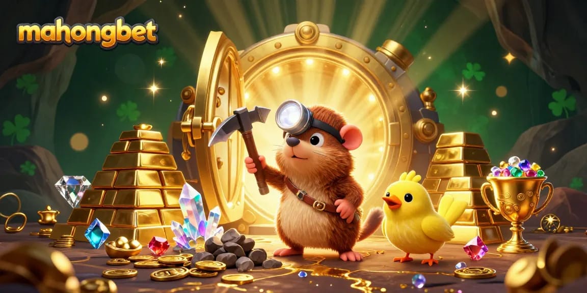 Join the action at mahongbet, where a treasure hunter explores a vibrant casino-themed cave filled with riches.