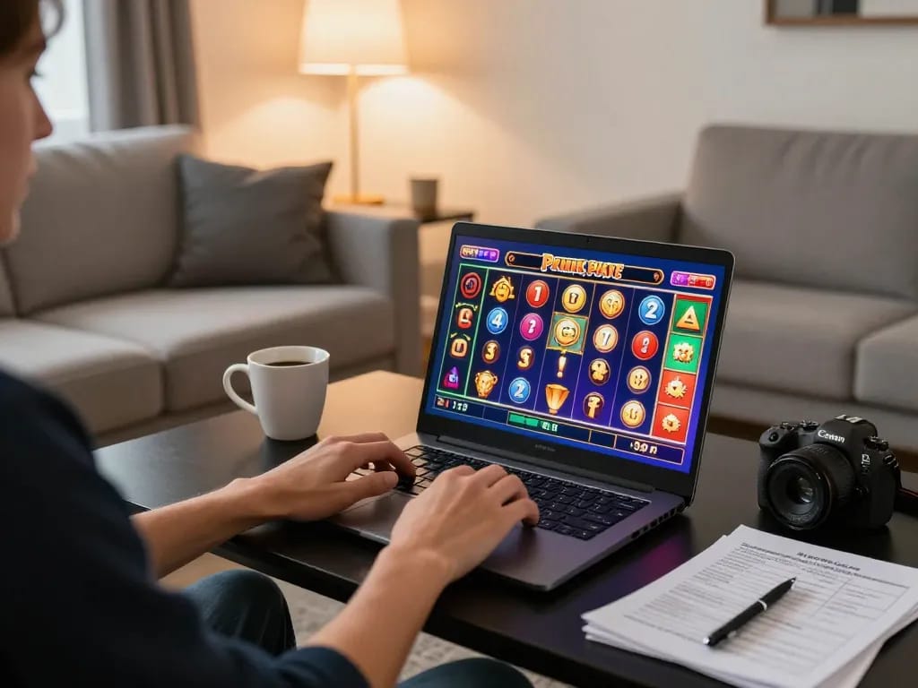 Engaging gameplay at online pokies Australia with a player focused on laptop screen.