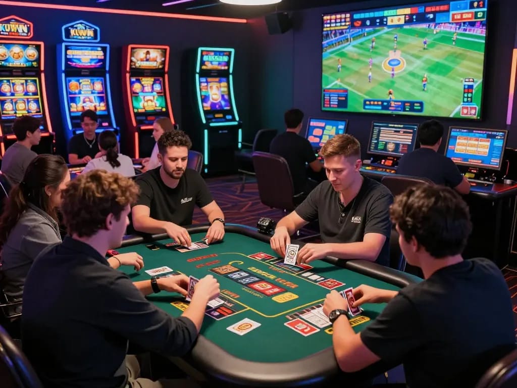 Kuwin online gaming scene with players enjoying casino and card games in a vibrant atmosphere