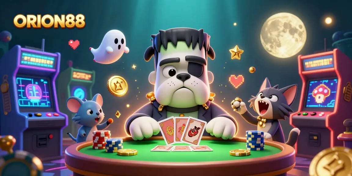 Engage with ORION88 at a vibrant casino scene featuring iconic characters and gaming elements