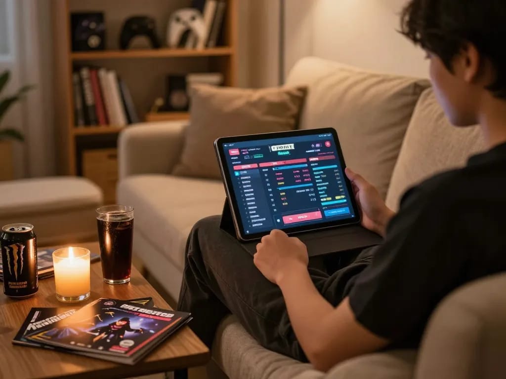 Engaging in esport betting Singapore while seated on a cozy sofa, using a tablet for strategic gameplay