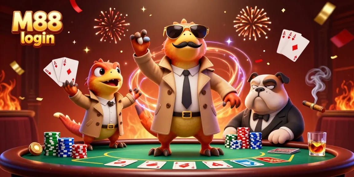 Experience M88 login in an engaging VIP casino scene featuring raptors in disguise.