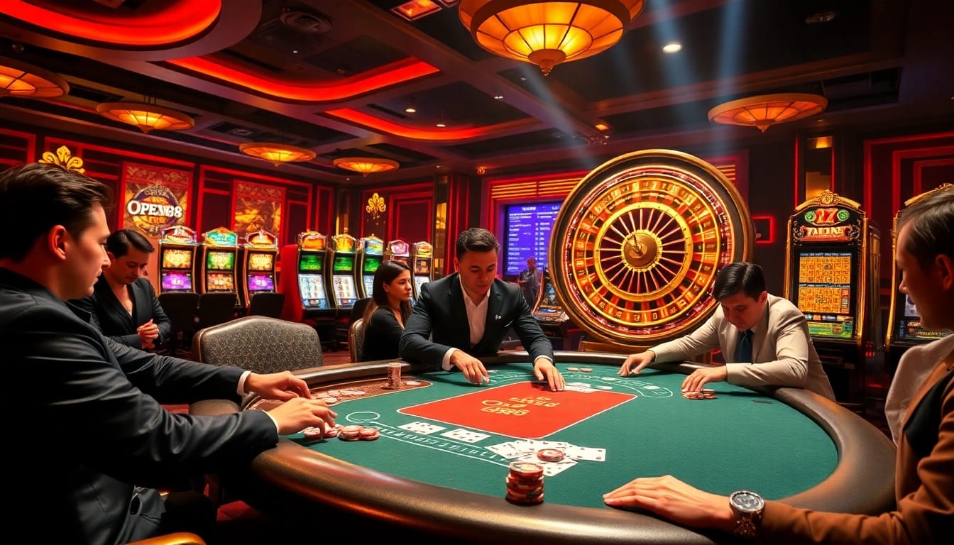 Engaging scene of OPEN88 casino with poker table and vibrant slot machines.