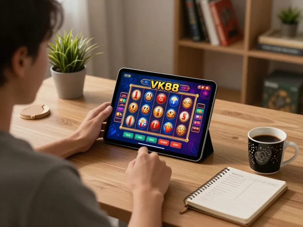 Experience exciting slots gameplay with VK88 app in a stylish home gaming setup.