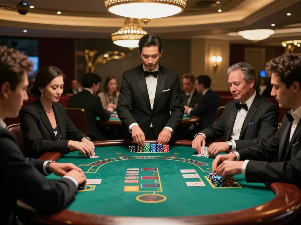 Hitclub action at a blackjack table, players engaged in strategic betting with colorful chips.
