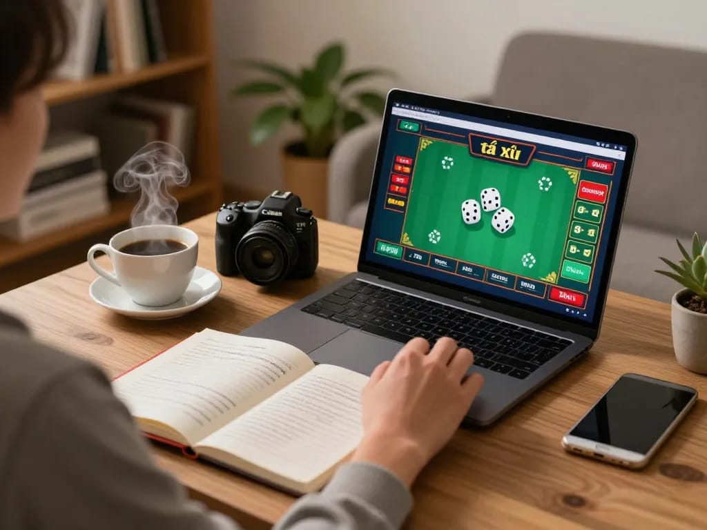 Tài xỉu online gaming session at home with a laptop, a notebook for strategies, and ambient light.