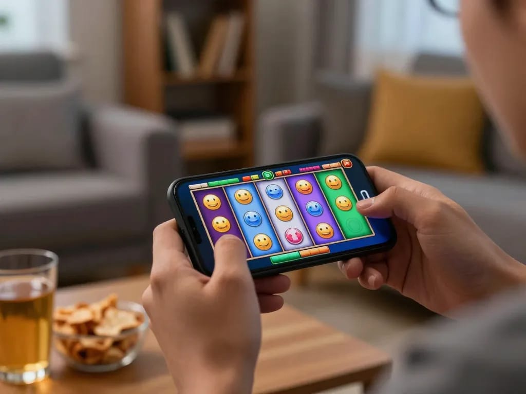 Engaging gameplay of slot online on a smartphone in a cozy home setting
