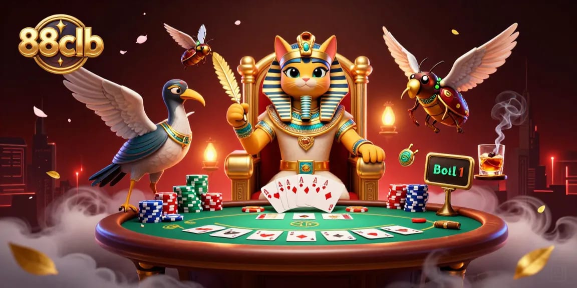 Engage with 88clb excitement at the poker table, featuring a royal Egyptian cat and vibrant casino elements.