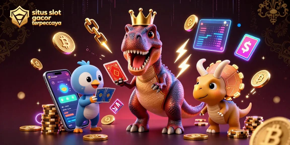 Engage with the thrilling situs slot gacor terpercaya as a T-Rex shuffles cards amidst vibrant casino elements.