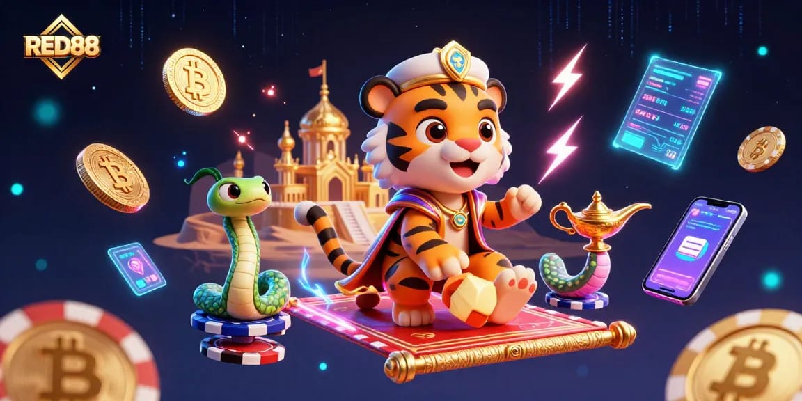 Bet on excitement with RED88, featuring a flying carpet casino adventure surrounded by crypto elements.