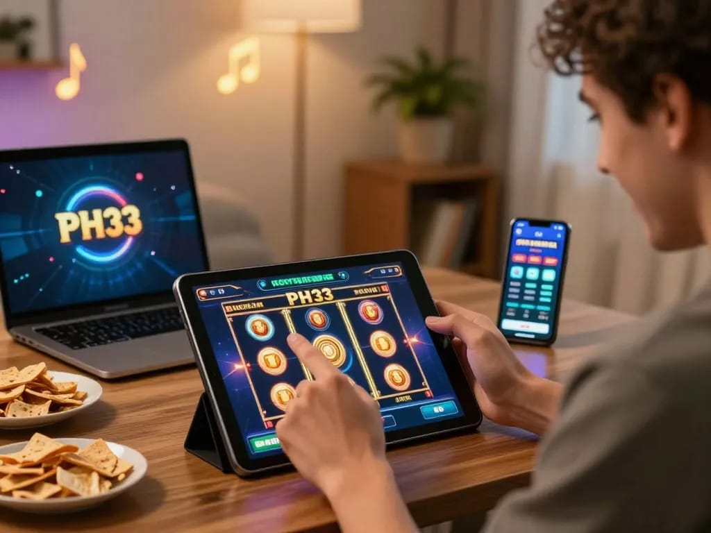 Player celebrating a win at PH33 online casino with tablet and warm home ambiance.