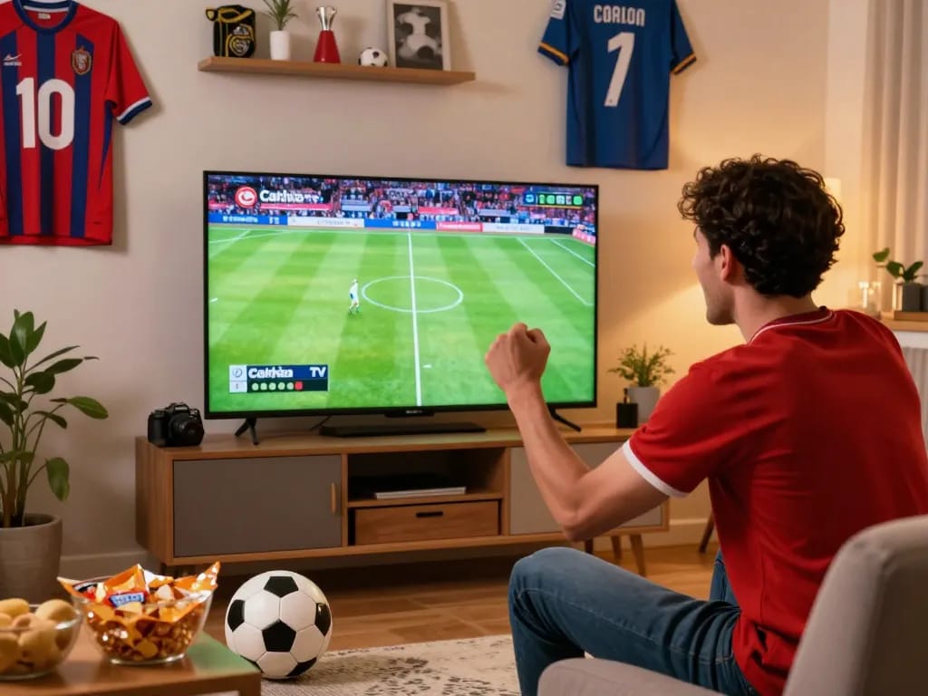 Cakhia tv soccer fan cheering in a lively living room while watching a live match.
