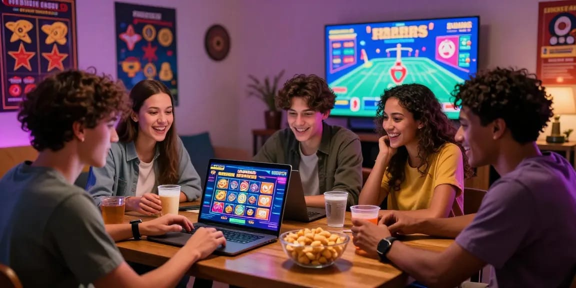 Excited friends exploring new online casinos on a laptop together, showcasing vibrant graphics and cozy gaming atmosphere.