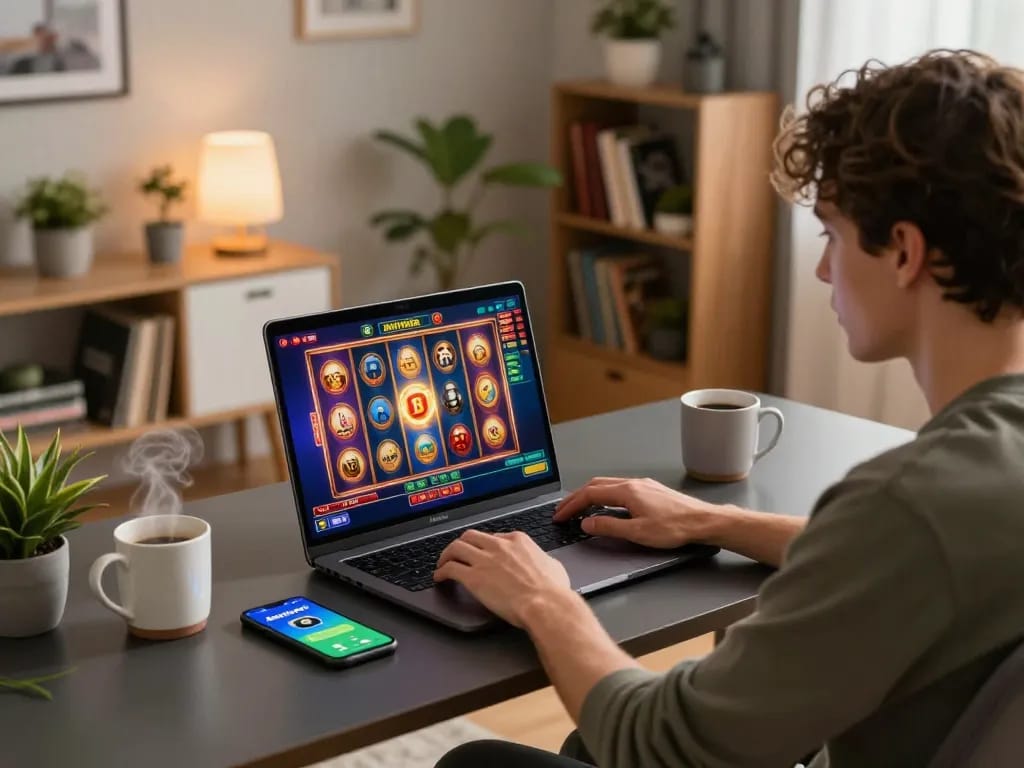 Person engaged in online gameplay on Betbdt, showcasing a vibrant slot machine interface on a laptop.