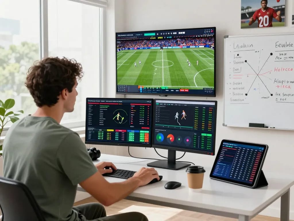Bongdalu sports analytics dashboard with live scores and data visualizations in an engaging workspace.