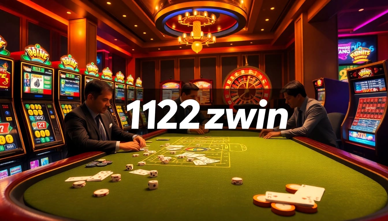Engage in high-stakes poker at 123win's luxurious casino setup with vibrant slot machines and captivating roulette.