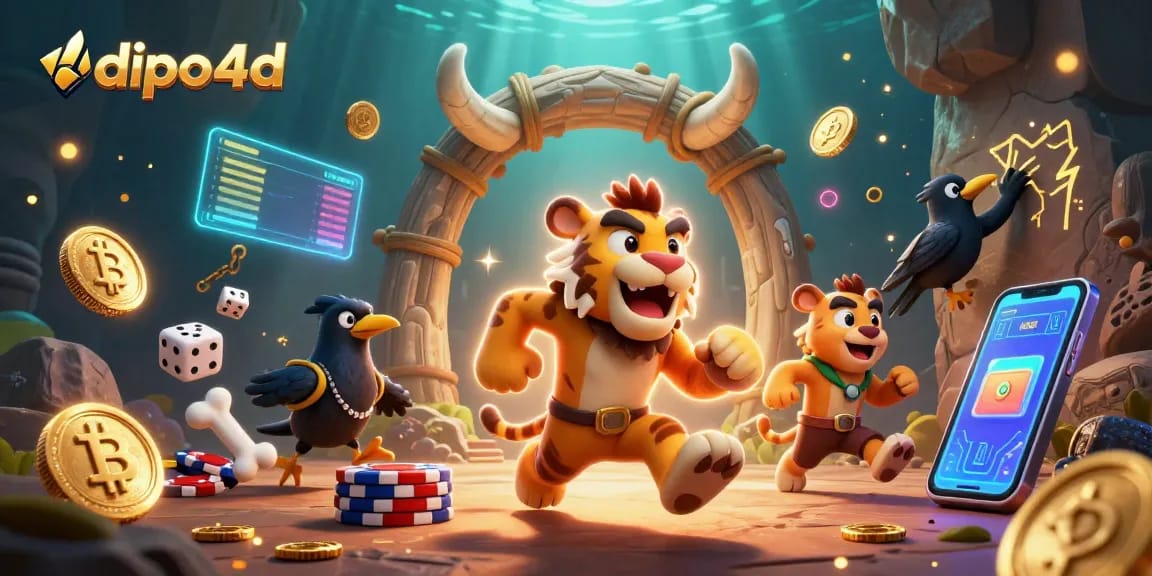 Engage with dipo4d in this vibrant prehistoric casino scene showcasing characters and crypto elements.