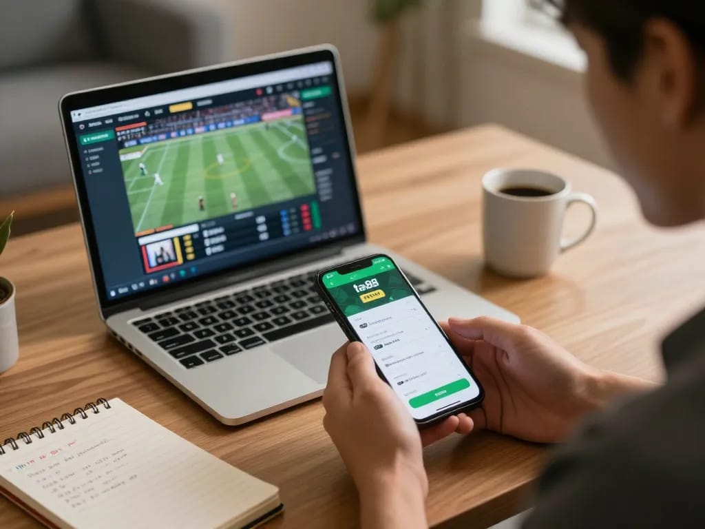 Engaging user placing bets on ta88 app in cozy home office with laptops and notes.