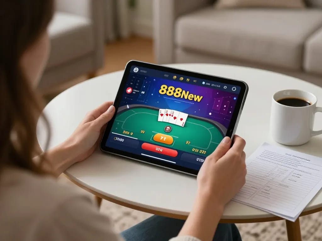 Player enjoying a poker game on 888New tablet, surrounded by cozy home elements
