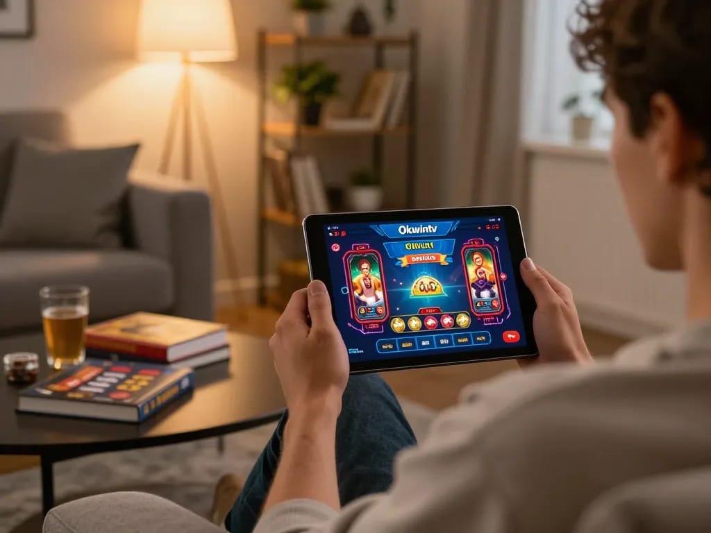 Engaged user exploring Okwintv online casino on a tablet with betting strategies at hand.