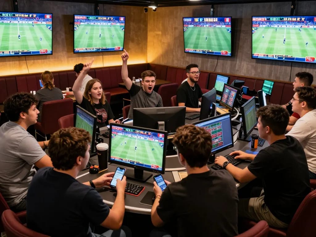 Fans engaging in live betting at MM88 sports lounge with screens showing exciting games.