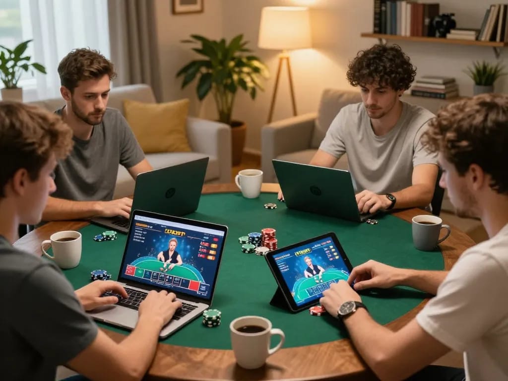 Players enjoying an online poker game on 789P from a cozy home setting, excited expressions and devices visible.