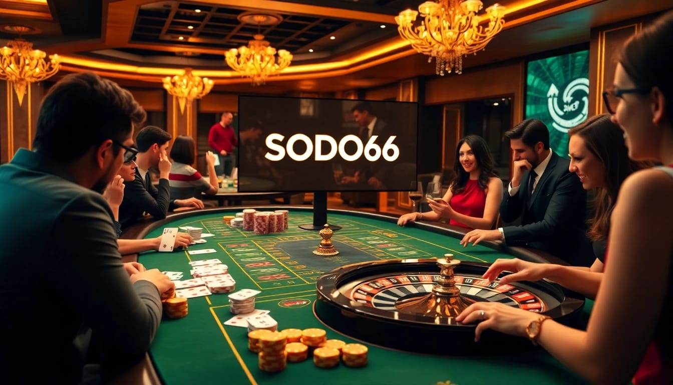 SODO66 players experiencing thrilling casino action around a luxurious table with cards and chips.