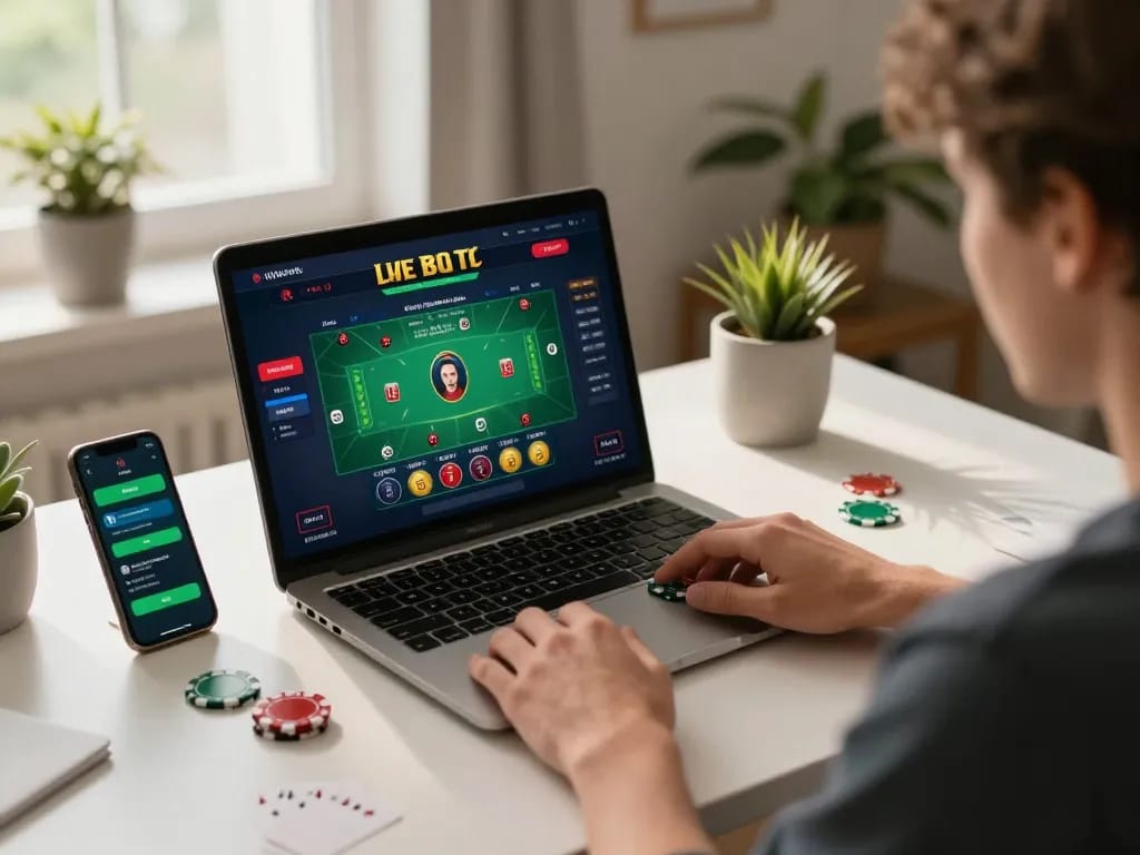 Player engaging with TR88 online blackjack, immersed in live game action in cozy home setting
