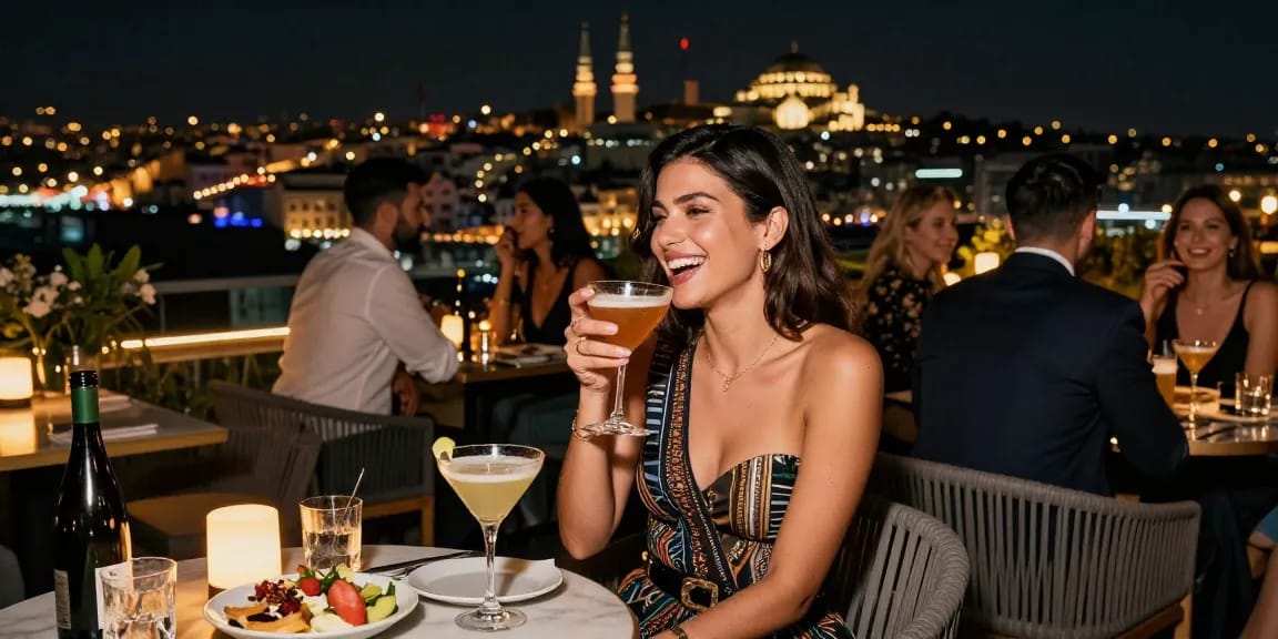 Sefaköy Escort enjoying a night out in a stylish rooftop bar with a vibrant urban backdrop.