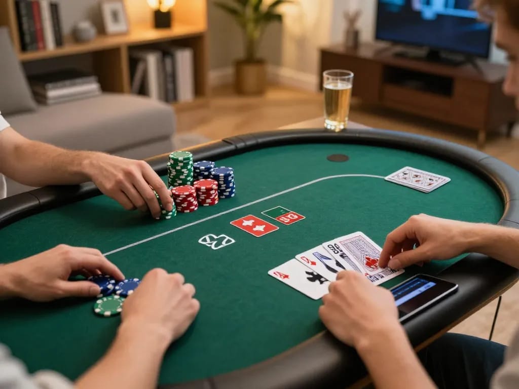 Engage in an online bandar togel game on a tablet, showcasing poker action in a cozy environment.