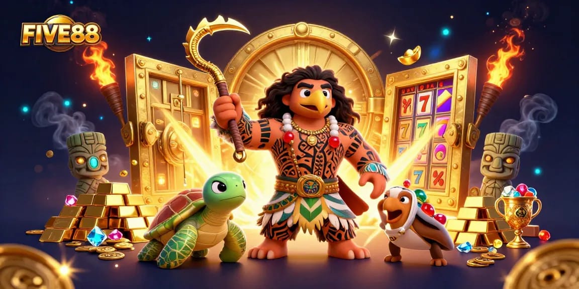 Engage in thrilling gameplay at FIVE88 with 3D demigod and treasure-filled casino vibes.