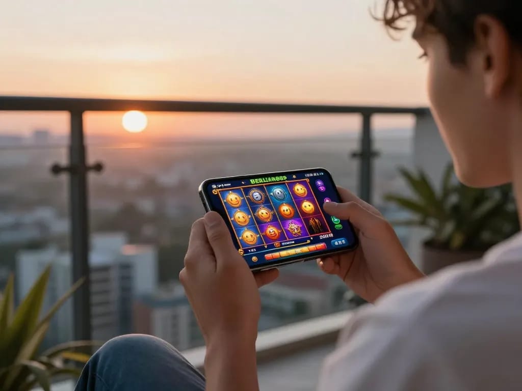 Engaging player enjoying the BERLIAN889 Slot app on a smartphone, capturing the excitement of online slots.
