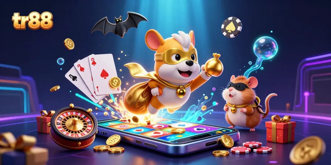 Experience thrilling gameplay with tr88, featuring a superhero dog and hamster in a casino adventure.