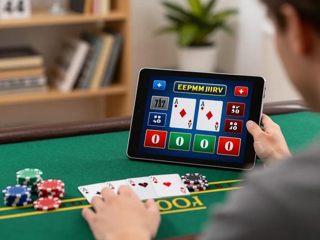 MU88 online casino player engaging in strategic blackjack gameplay on tablet in cozy home.